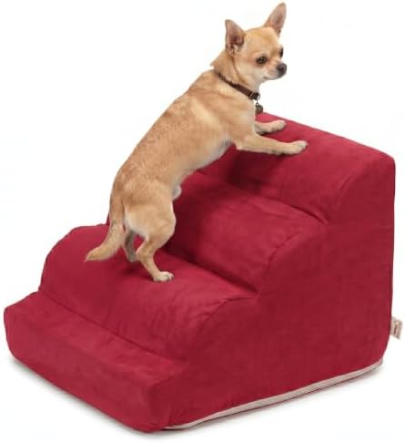 Snoozer Scalloped Dog Ramp, 14” Tall Foam Pet Stairs, 3 Steps, Red | Lightweight & portable foam dog stairs, Removable washable cover, Great for small, old, or injured pets up to 100lbs