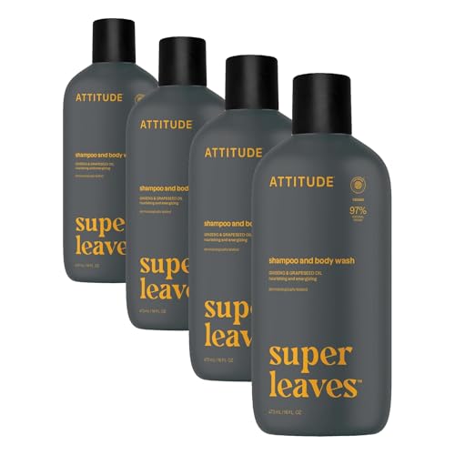 ATTITUDE 2-in-1 Body Wash & Shampoo for Men & Women, EWG Verified, Vegan, Natural Ingredients, Dermatologist-Tested, Ginseng and Grapeseed Oil, 16 Fl Oz