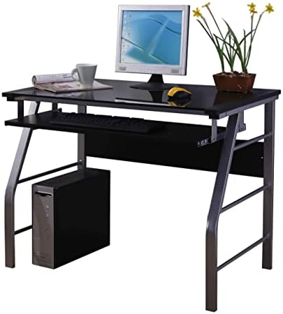King's Brand Metal and Glass Top Home Office Computer Desk/Table, Silver Finish