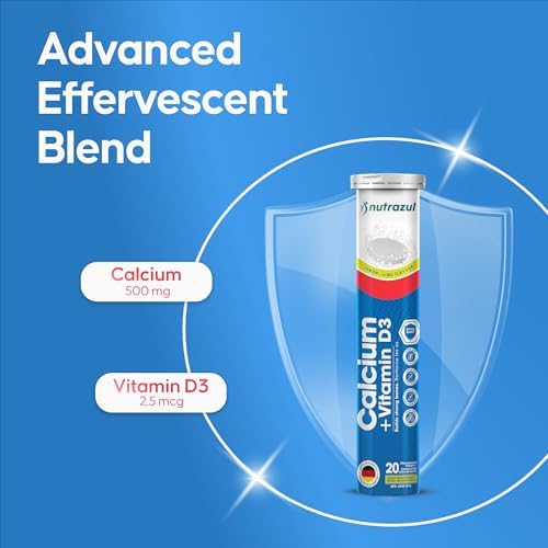 Nutrazul Calcium + Vitamin D3 Effervescent Tablets, for Bone Health Maintenance, 500 mg Calcium and 2.5 mcg Vitamin D3