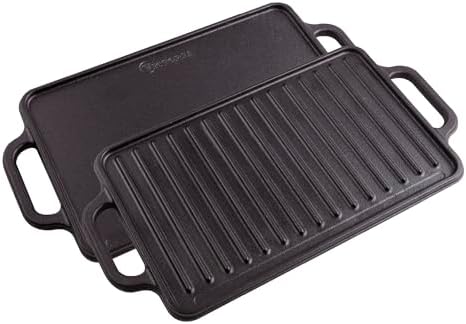 Victoria Rectangular Cast Iron Griddle. Double Burner Griddle, Reversible Grill, 13 x 8.5 Inch, Seasoned with 100% Kosher Certified Non-GMO Flaxseed Oil, Model: GDL-189