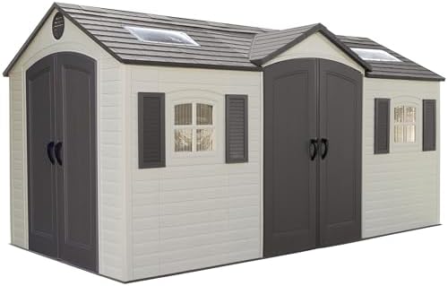 Lifetime 15×8 Ft Dual‑Entry Outdoor Storage Shed, Steel‑Reinforced, UV‑Protected, Weather‑Resistant Backyard Garden Shed with Skylights