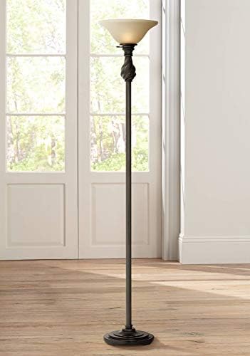 Regency Hill Restoration Bronze 70" Tall Amber Glass Torchiere Floor Lamp | Traditional Hand Applied Black Swirl Font Shade Standing Pole Light for