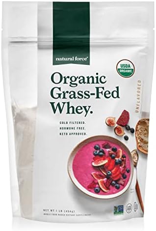 Natural Force Grass Fed Organic Whey Protein Powder – Non GMO Verified, Humane Certified & Lab Tested for Toxins – Real Vanilla Flavor – Keto Friendly, Low Carb, and Kosher - 16 Ounce A2 Protein