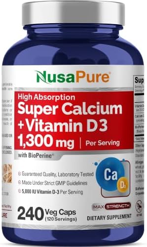 Super Calcium with Vitamin D3 Non GMO 1300 mg 240 Veg Capsules -120 Serves | Calcium Citrate Complex, Supports Nutritional Supplementation, Vegan
