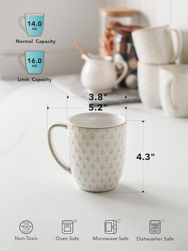 LE TAUCI Coffee Mugs 16 oz, Ceramic Mug Set, Embossment Cups for Latte, Hot Tea, Cappuccino, Mocha, Cocoa, Dishwasher Safe