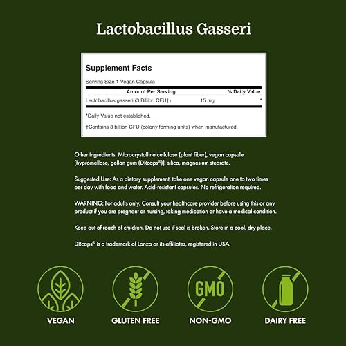 Swanson Lactobacillus Gasseri Probiotic, 3 Billion CFU, 60 Vegan Capsules | For Adults Seeking Digestive and Metabolic Support, a Lactic Acid-Producing Bacterium, Acid-Resistant with No Refrigeration
