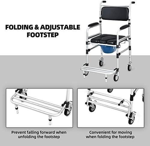 Giantex 3 in 1 Lightweight Shower Commode, Transport Bedside Commode with Wheels, Adjustable Height and Pedal, Shower Wheelchair for Elder