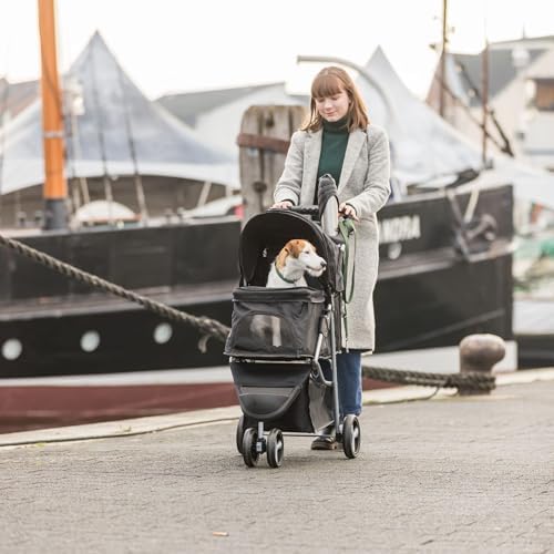TRIXIE Foldable Pet Stroller for Cats and Dogs, Pet Carrier Strolling Cart with Weather Cover, Storage Basket, Cup Holder, Black | Lightweight, Compact and Portable, Easy to Travel