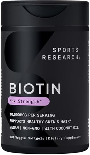 Sports Research® Biotin 10,000mcg w/Coconut Oil, 120 Count Plantgels™ | Max Strength Vegan Biotin (Vitamin B7) for Healthy Skin and Hair Support | Non-GMO, Gluten & Soy-Free, 120 Servings