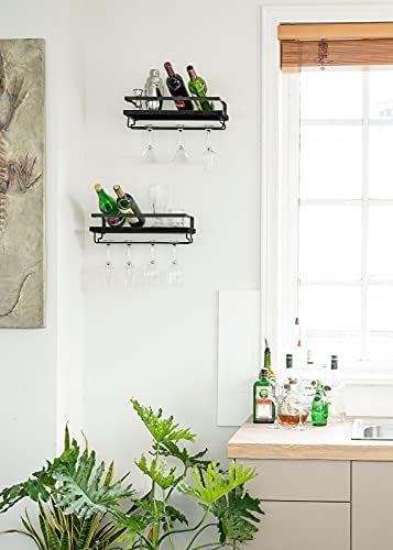 Mkono Wall Mounted Wine Rack Set of 2 Wood Rustic Wine Bottle Glass Floating Shelves with Stemware Hanger Modern Plants Photos Wine Display Storage