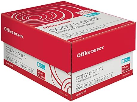 Office Depot® 3-Hole Punched Multi-Use Printer & Copy Paper, 3 Reams, White, Letter (8.5" x 11"), 1500 Sheets Per Case, 20 Lb, 92 Brightness