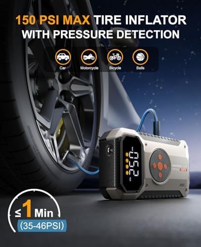 Car Battery Charger Jump Starter with Air Compressor, 4500A Jump Box for Car Battery Portable Jumper Cables with Battery Pack, 12V Jumpstart Combo 150PSI Tire Inflator Air Pump (8.5L Gas/7.0L Diesel)
