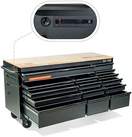 Olympia Tools 72 inch Heavy Duty Mobile Tool Chest Tool Box, with Solid Wood Top Workbench, 15-Drawer Rolling Tool Chest, Tool Storage Organizer for Garage, Workshop, and Home, Black