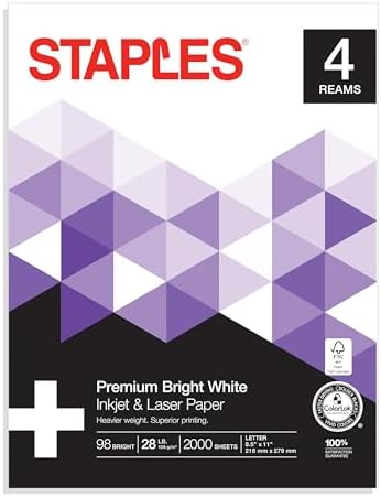 Staples Laser Paper 8.5 x 11 Inch 28 lb 98 Bright High‑Quality Prints, 500 Sheets | Heavyweight paper for crisp, professional prints in laser printers and copiers.
