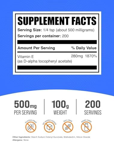 BulkSupplements.com Vitamin E 400 IU Powder - as D-Alpha Tocopherol, Nutritional Supplements - Gluten Free, 500mg per Serving