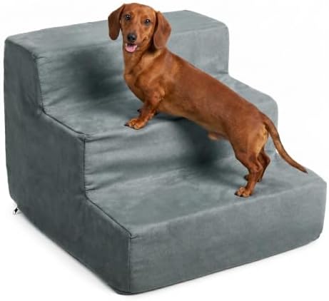 3-Step Pet Stairs - Nonslip Foam Dog and Cat Steps with Removable Zippered Microfiber Cover - 2-Tone Design for Home or Vehicle Use by PETMAKER (Tan) | 3-Step Pet Steps for High Bed and Couch - Pet Stairs with Nonslip Bottom, High-Density Foam, and Remov…