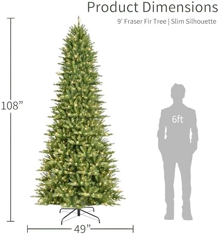 Puleo International 7.5ft Pre-Lit Slim Fraser Christmas Tree with 500 Warm White LED Lights, 1453 Realistic Dense Branch Tips, Easy Setup Artificial Trees with Sturdy Metal Stand