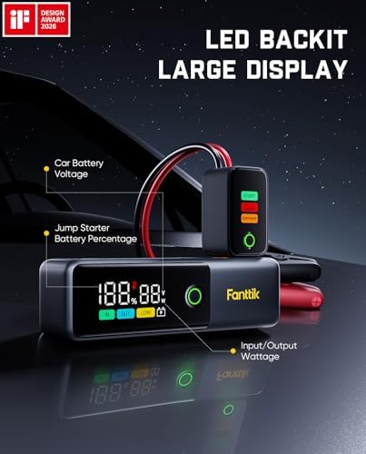 Fanttik Potent T10 1800A Portable Jump Starter for 7.0L Gas and 5.0L Diesel | 12V Safe Lithium, 12000mAh Power Bank, Retractable Charging Cable
