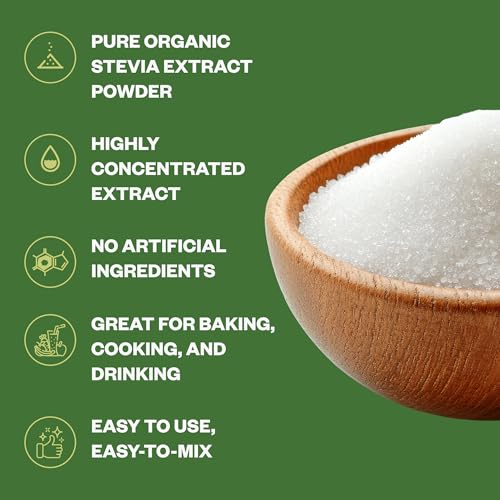 Organic Stevia Extract Powder, Sugar Alternative for Baking and Beverages, Concentrated Formula, Zero Calorie, Non-GMO, Keto Friendly, 892 Servings