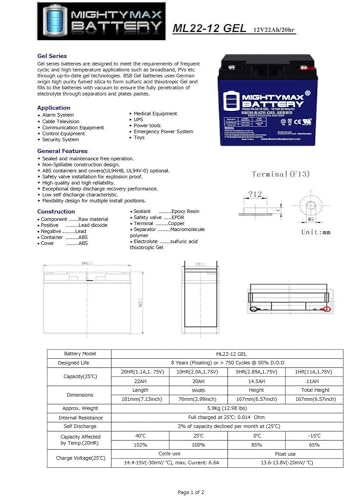 Mighty Max Battery 12V 22AH Gel Battery Replaces Enduring 6FM22, 6-FM-22