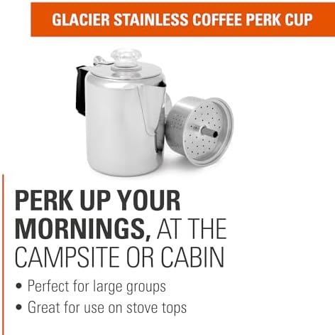 GSI Outdoors Percolator Coffee Pot I Glacier Stainless Steel with Silicone Handle for Camping, Backpacking, Travel, RV & Hunting - Stove Safe