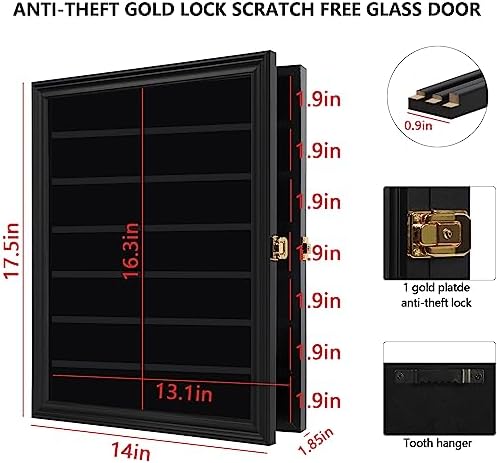 Jinchuan Military Challenge Coin Display Case Lockable Cabinet Rack Holder Shadow Box with Removable 2 Grooves Shelves and Anti Dust Door for Casino