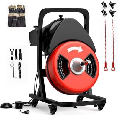 100Ft 3/4 Inch Drain Cleaning Machine. Sewer Snake 750w Auto Feed | Portable Drain Cleaning Machine Electric Drain Auger Sewer Auger with 6 Cutter Air-Activated Foot Switch for 4" to 8" Pipes