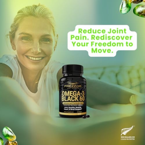 FREZZOR Omega 3 Black for Joint Care & Comfort - New Zealand Green Lipped Mussel Oil Capsules; 53x Higher Potency with UAF1000+ Super Antioxidant, No Fishy Aftertaste, 1-Pack, 60 Softgels