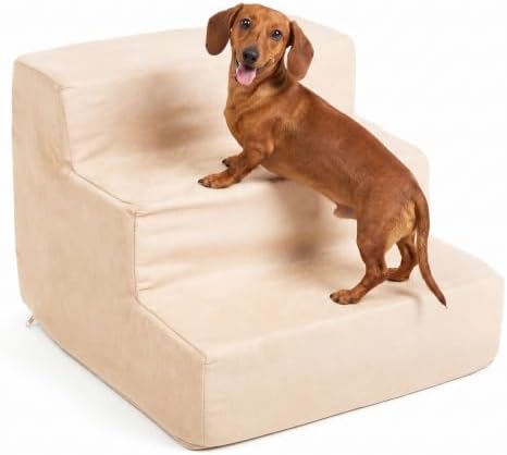 3-Step Pet Stairs - Nonslip Foam Dog and Cat Steps with Removable Zippered Microfiber Cover - 2-Tone Design for Home or Vehicle Use by PETMAKER (Tan) | 3-Step Pet Steps for High Bed and Couch - Pet Stairs with Nonslip Bottom, High-Density Foam, and Remov…