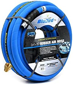 BLUBIRD BB3450 3/4" x 50' Rubber Air Hose, 100% Rubber, Lightest, Strongest, Most Flexible, 300 PSI, 50F to 190F Degrees, Ozone Resistant, High Strength Polyester Braided | Heavy Duty Reinforced Air Hose With 300 PSI Rating, Flexible Design, Kink Resista…