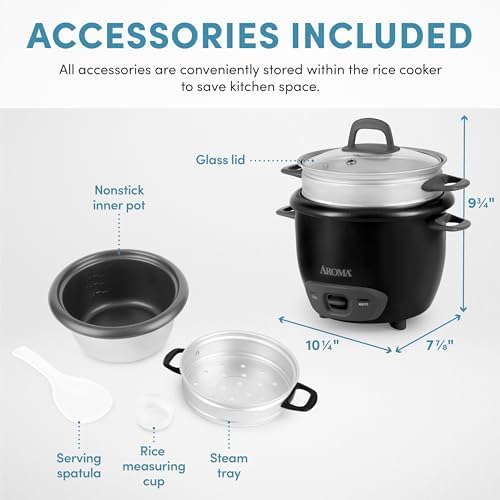 AROMA® Rice Cooker, 3-Cup (Uncooked) / 6-Cup (Cooked), Steamer, Small Rice Cooker, Oatmeal Cooker, Soup Maker, Auto Keep Warm, 1.5 Qt, White, ARC-743-1NG