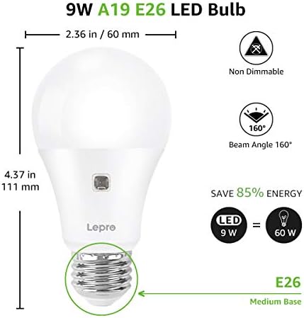 Lepro A19 E26 Dusk to Dawn LED Light Bulbs Outdoor 9W 806 Lumens 2 Pack