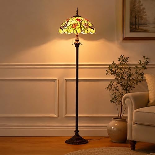 Bieye L11408 Butterfly Tiffany Style Stained Glass Floor Lamp with 16-inch Wide Handmade Lampshade Metal Base for Bedroom Living Room, 59-inch Tall