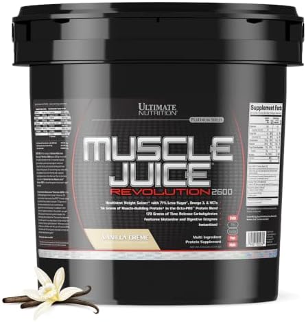 Ultimate Nutrition Muscle Juice Revolution 2600 Weight Gainer, Muscle Recovery with Glutamine, Micellar Casein and Time Release Complex Carbohydrates, Banana Protein Powder, 4.69 Pounds | 70g Octo-PRO™ Protein Blend, 175g Time-Release Carbs, 1000mg Gluta…