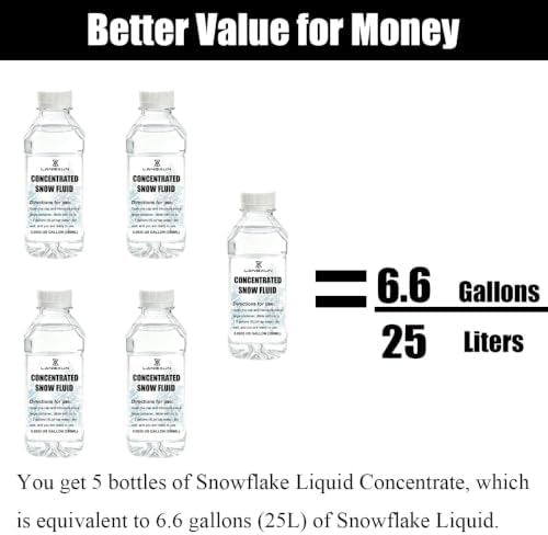 LANGXUN Flakes Snow Machine Fluid, 5 Bottles Concentrated Snow Fluid With 1pcs 1.32 gallon diluted storage bag