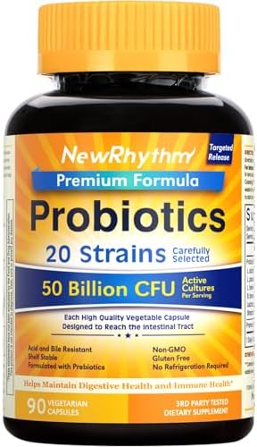 NewRhythm Probiotics 50 Billion CFU 20 Strains, 60 Veggie Capsules, Targeted Release Technology, Stomach Acid Resistant, No Need for Refrigeration, Non-GMO, Gluten Free