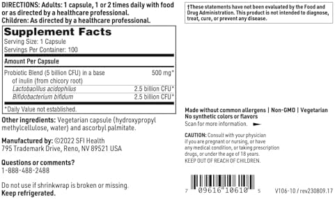 Klaire Labs SFI Health Pro-Biotic Complex, 100 Capsules | Intestinal Support for Men & Women, 5 Billion CFU Lactobacillus acidophilus & Bifidobacterium bifidum Probiotic