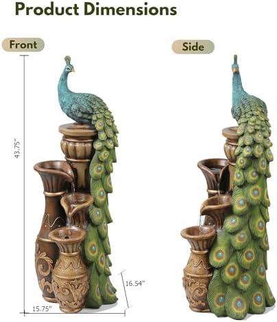 LuxenHome 44" Peacock Outdoor Water Fountain with Lights, Garden Waterfall