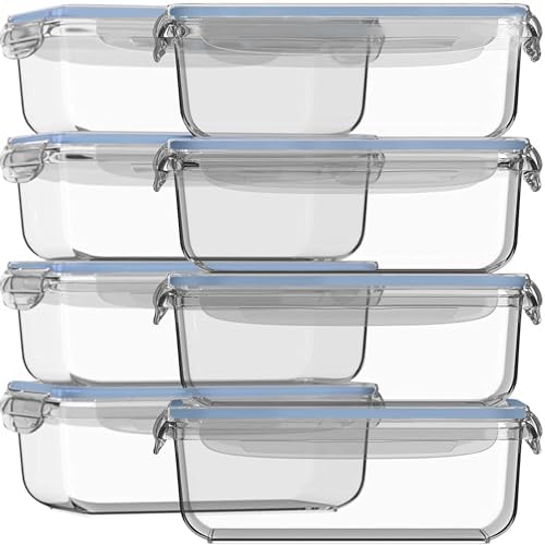 Razab 16 Pc (Set of 8) 30 Oz Glass Meal Prep Containers with Lids, Airtight Large Glass Food Storage Containers, Reusable Leak Proof BPA Free, Freezer to Oven and Dishwasher Safe
