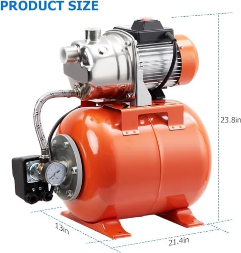 TrailBlaze 1HP Shallow Well Pump with Pressure Tank, 115V, Stainless Steel Lawn Sprinkler Irrigation Pump, Automatic Water Booster Jet Pumps for Home, Garden, Lawn, Farm