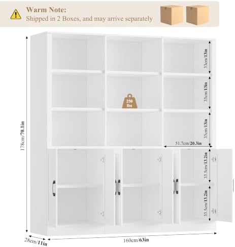 70” H x 63” W Triple Wide Bookshelf, Tall Bookcase with 6 Doors | 5 Tier Book Shelf with 15 Storage Shelves, Tall Book Case Large Bookshelves with Storage Cabinet for Home Office, White