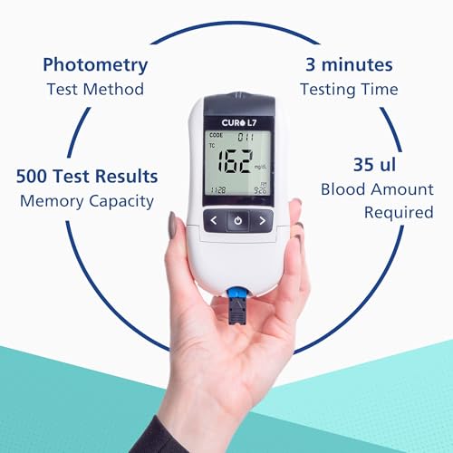CURO-L7 Professional Grade Blood Cholesterol Testing with Home KIT - All-in-One Test Device, Test Strips 5ea, Lancets, and EziTube Rod Included
