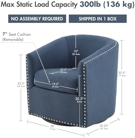 Madison Park Swivel Barrel Accent Chair, Upholstered Curved Back with 7-Inch Thick Woven Cushion, 360° Swivel, Nailhead Trim, Comfy Chair for Living Room, Bedroom, Office, 28" Wide, Neutral, Tyler