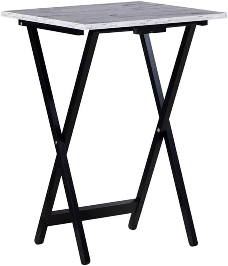 Riverbay Furniture 5 Piece TV Tray Table Set, Faux Marble Tops, Rubberwood and MDF, Brown Finish, Includes 4 Folding Tray Tables and 1 Storage Stand, Compact Design for Living Room or Home Use