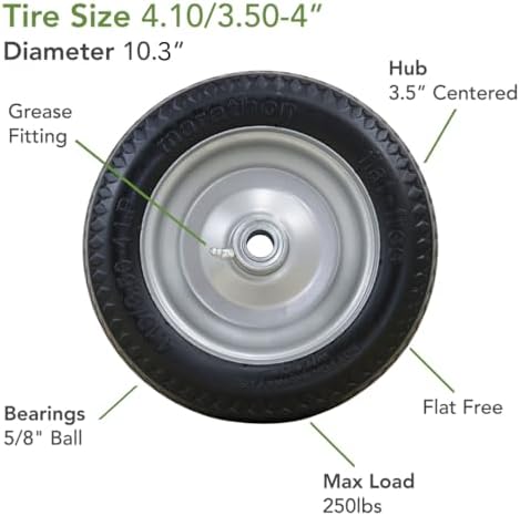 Marathon 4.10/3.50-4" Flat Free, All Purpose Utility Tire on Wheel, 3.5" Centered Hub, 3/4" Bearings