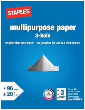 Staples Multipurpose Paper, 8 1/2 x 11, 3-Hole Punched, Ream, for Office, School & Home | Pre-punched white paper ready for standard 3-ring binders. Sold by the ream.