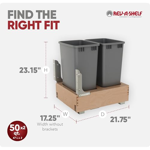Rev-A-Shelf Pullout Under Counter Trash Can, 50 Qt 12.5 Gal Garbage Container with Soft-Close and Soft-Open Slides, Silver, 4WCBM-1550DM-1