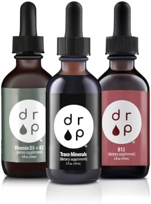 Drop Supplements Organic Trace Minerals Electrolyte Drops, Vitamin D3+K2 Drops and Vitamin B12 Liquid Drops Bundle