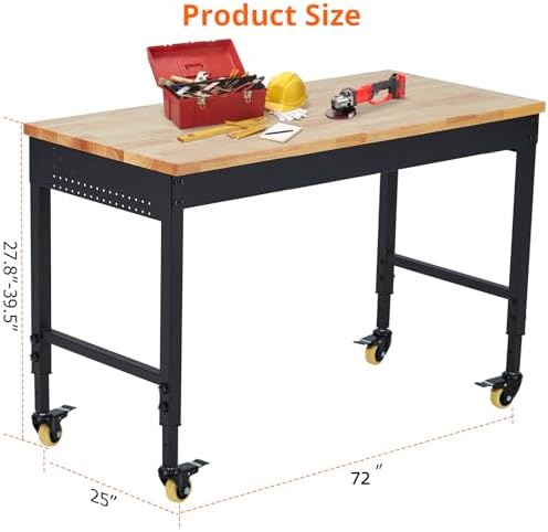 48’’x24’’ Adjustable Workbench,Workbench with Drawers,Darage Workbench with Pegboard,2000 LB Load Capacity,4 Rolling Casters, Power Outlets, Metal Frame,for Garage, Workshop, Home, Office